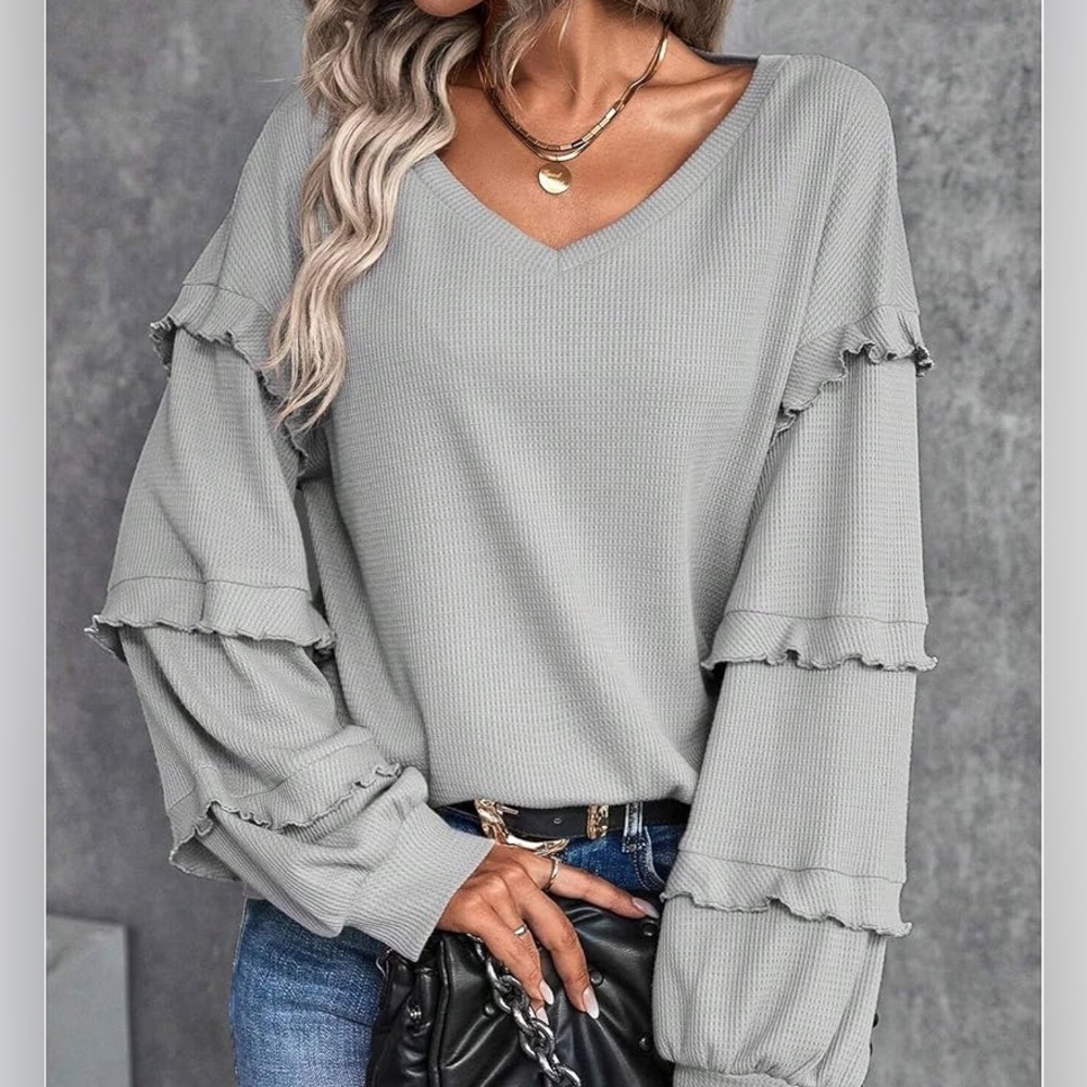 New Boho Waffle Knit Top With Ruffle Sleeve Women’s Large Oversized